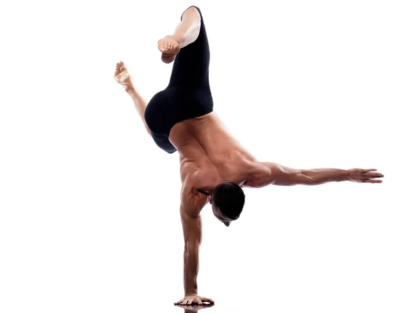 Hombre yoga handstand longitud completa gimnasia acrobacias Imagen de archivo
