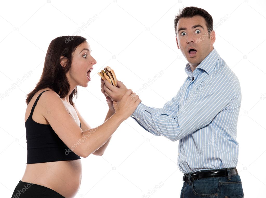 Couple expecting baby give hamburger