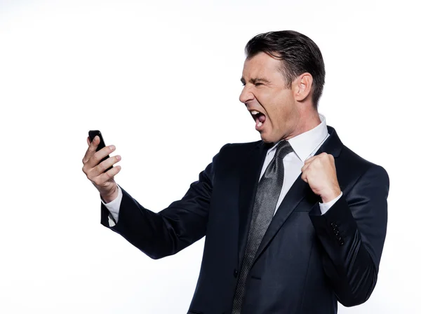 Ο άνθρωπος των επιχειρήσεων σχετικά με το τηλέφωνο βιντεόφωνο ουρλιάζοντας ευτυχισμένη — Φωτογραφία Αρχείου