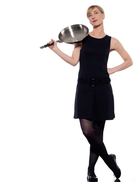 Woman holding frying pan — Stock Photo, Image