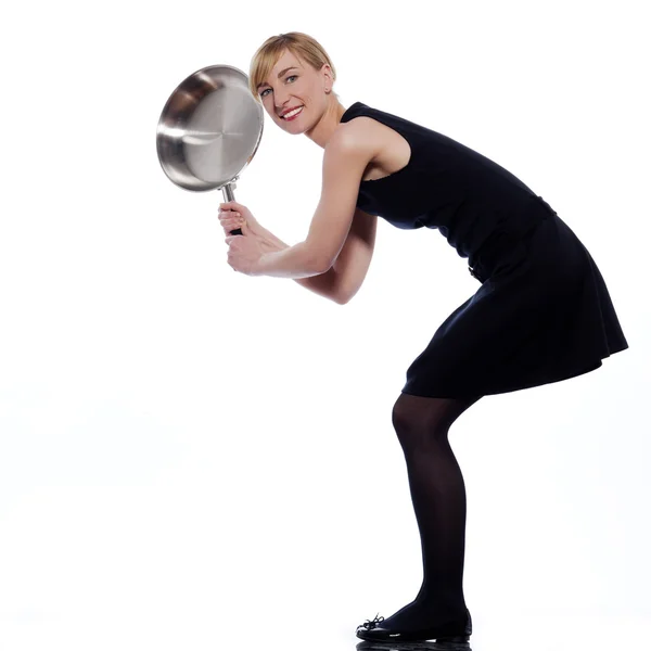Woman holding frying pan — Stock Photo, Image