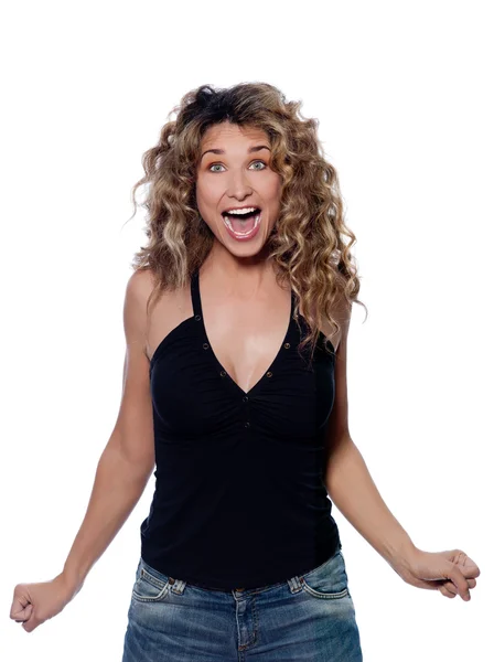Beautiful screaming happy curly hair Woman — Stock Photo, Image