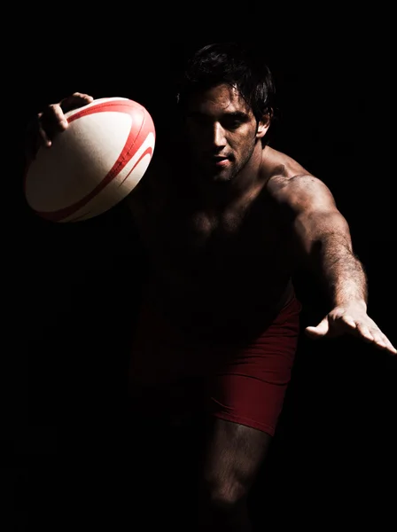 Sexy topless rugby man scoring touchdown — Stock Photo, Image