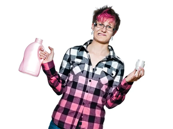 Donna infelice con detergente — Foto Stock