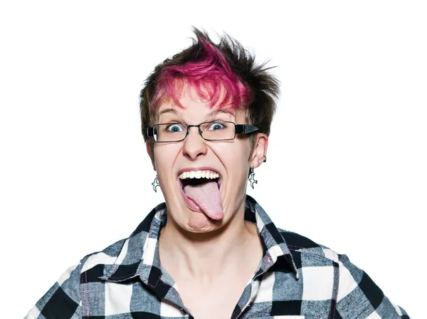 Funny young woman sticking out tongue — Stock Photo, Image