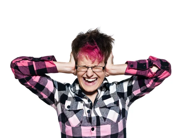 Conceito de ruído e estresse - mulher cobrindo seus ouvidos — Fotografia de Stock