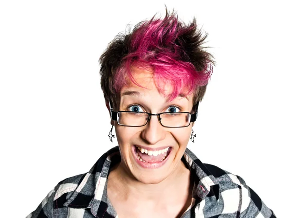 Πορτρέτο της ευτυχισμένη γυναίκα με ένα σοκαρισμένος με ένα σοκαρισμένος αστεία fac — Φωτογραφία Αρχείου