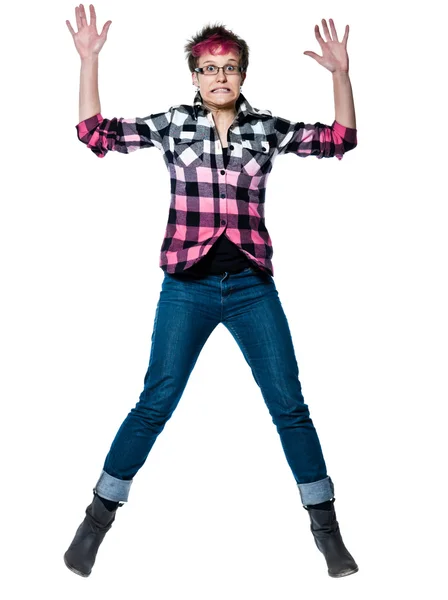 Portrait of an extreme nervous woman jumping — Stock Photo, Image