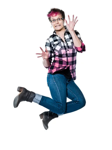 Portrait of nervous woman jumping — Stock Photo, Image