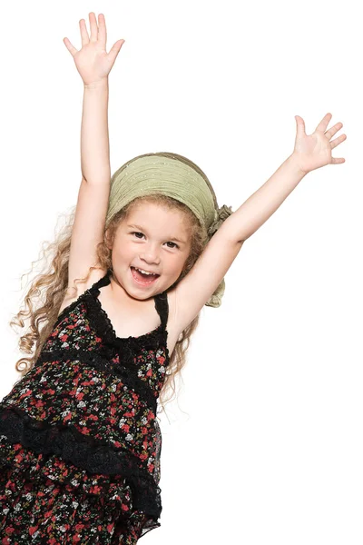 Başarılı mutlu küçük kız amrs kaldırdı — Stok fotoğraf