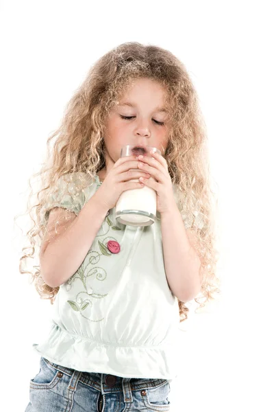 Little girl portrait drinking milk — Stock Photo, Image