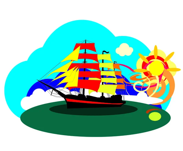 Barco de vela y sol — Vector de stock