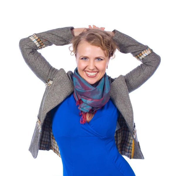 stock image Smiling woman with lifted hands