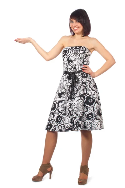 Woman in motley dress presents to the utmost — Stock Photo, Image