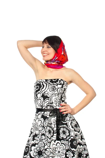 Kobieta prezentuje sukienka i płycizny — Zdjęcie stockowe