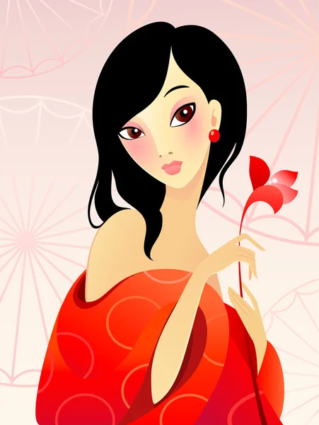 Dívka v červené barvě s květinovým — Stockový vektor