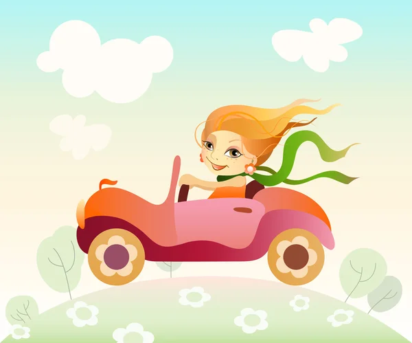 Lány vezetési autó — Stock Vector