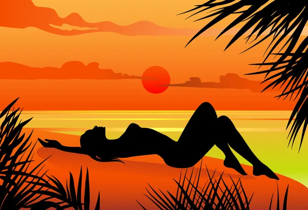女孩躺在海滩 silohuette 免版税图库插图