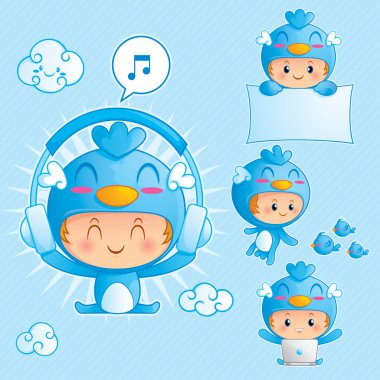 Character set of a boy in blue bird costume clipart