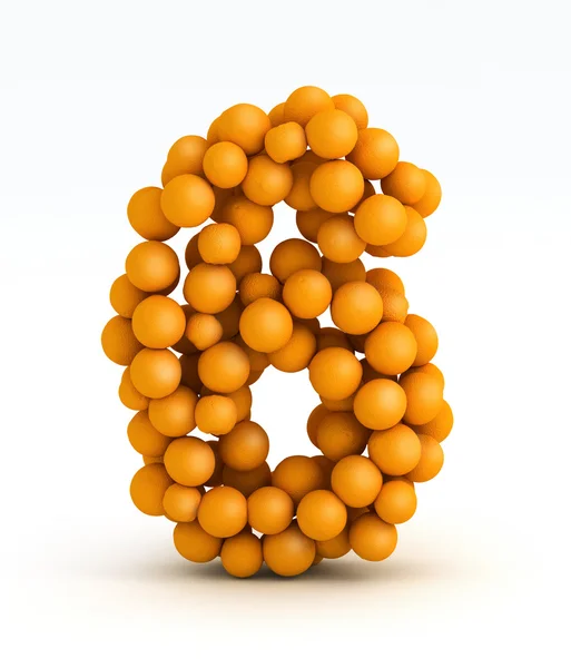 Nummer 6, teckensnitt på orange citrus, vit bakgrund — Stockfoto