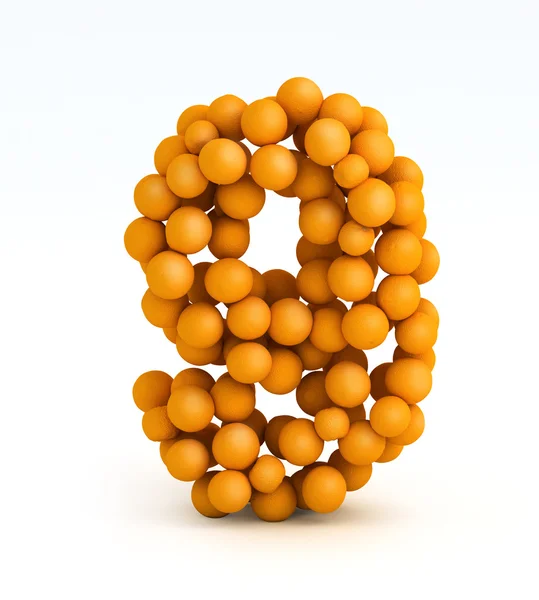 Zahl 9, Schrift aus orangefarbenen Zitrusfrüchten, weißer Hintergrund — Stockfoto