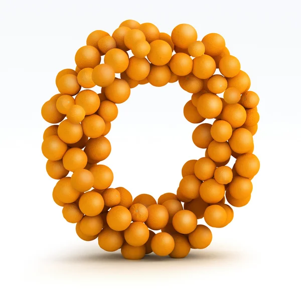 Buchstabe o, Schrift aus orangefarbenen Zitrusfrüchten, weißer Hintergrund — Stockfoto