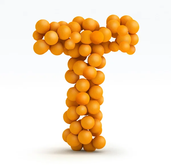 Buchstabe t, Schrift aus orangefarbenen Zitrusfrüchten, weißer Hintergrund — Stockfoto