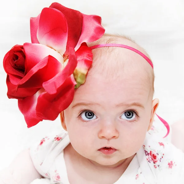 Aranyos kislány, egy szép virággal Stock Fotó