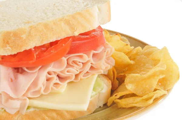 Închideți un sandwich cu șuncă și brânză elvețiană — Fotografie, imagine de stoc