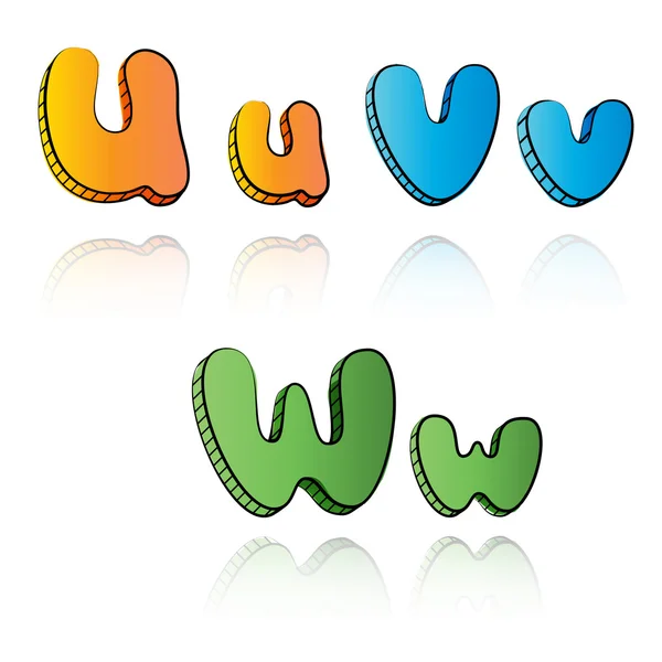 Letras del alfabeto de dibujos animados sobre fondo de papel - UVW — Vector de stock
