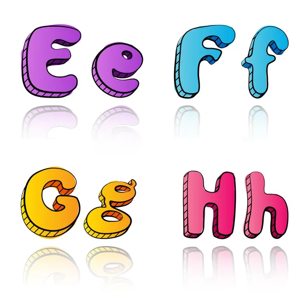 Caricatura letras alfabeto 3d EFGH — Vector de stock