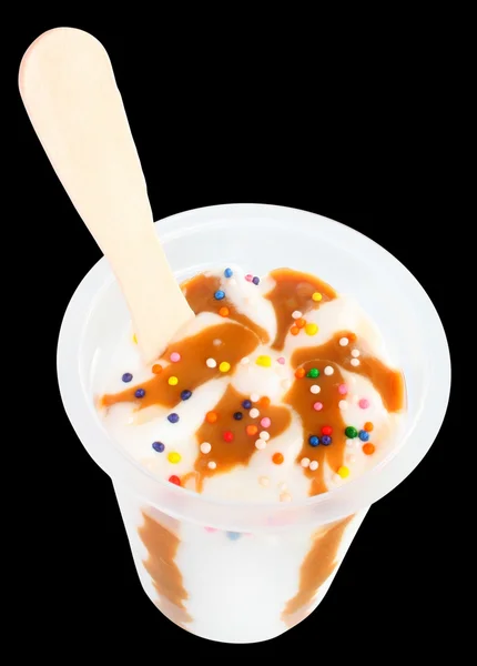 Ice cream in a plastic cup top view isolated. — Stock Photo, Image
