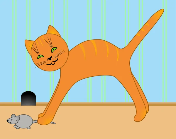 Vector illustration kitten catches a mouse — Stock Vector