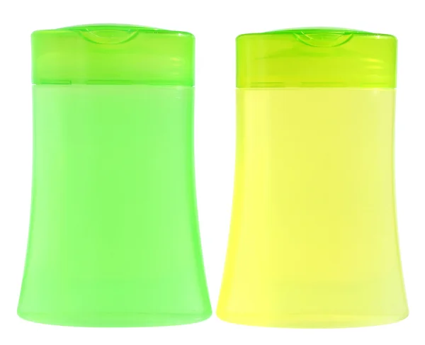 Dwie zielone butelki z żel pod prysznic — Zdjęcie stockowe