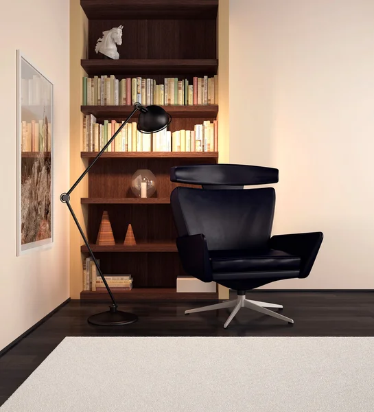 室内装饰和一个黑色的扶手椅 — 图库照片