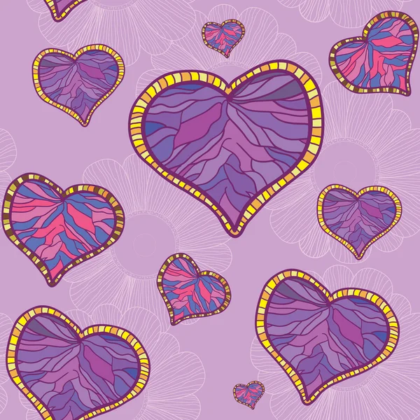 Ein nahtloses Muster mit violettem Herzen und Blumenhintergrund — Stockvektor