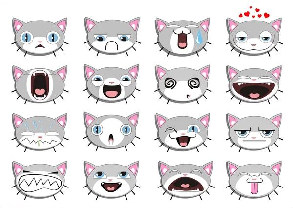 Conjunto de 16 rostos de gatinho sorridente — Vetor de Stock