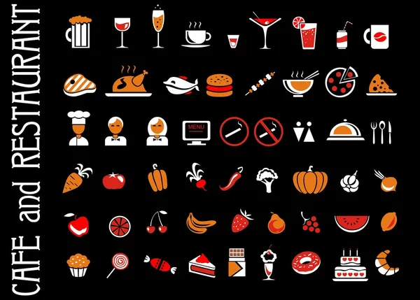 食べ物や飲み物のアイコンを設定する黒の背景 — ストックベクタ