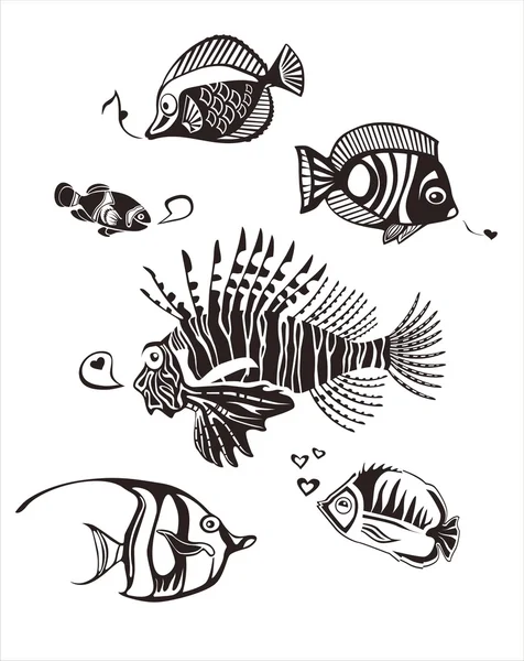 Monochrome Tropical Fishes — Stock Vector