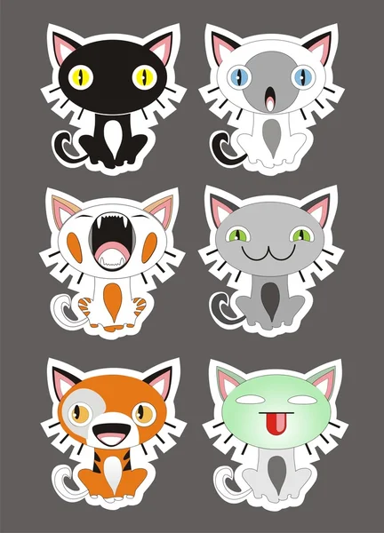 Six chatons assis avec des visages différents — Image vectorielle
