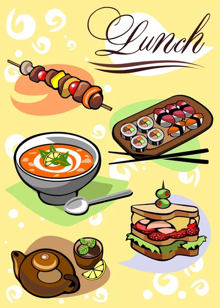 Different Pictures of food for lunch — Stock Vector
