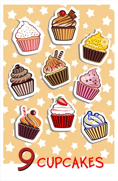 Nine delicious colorful cupcakes — Stock Vector