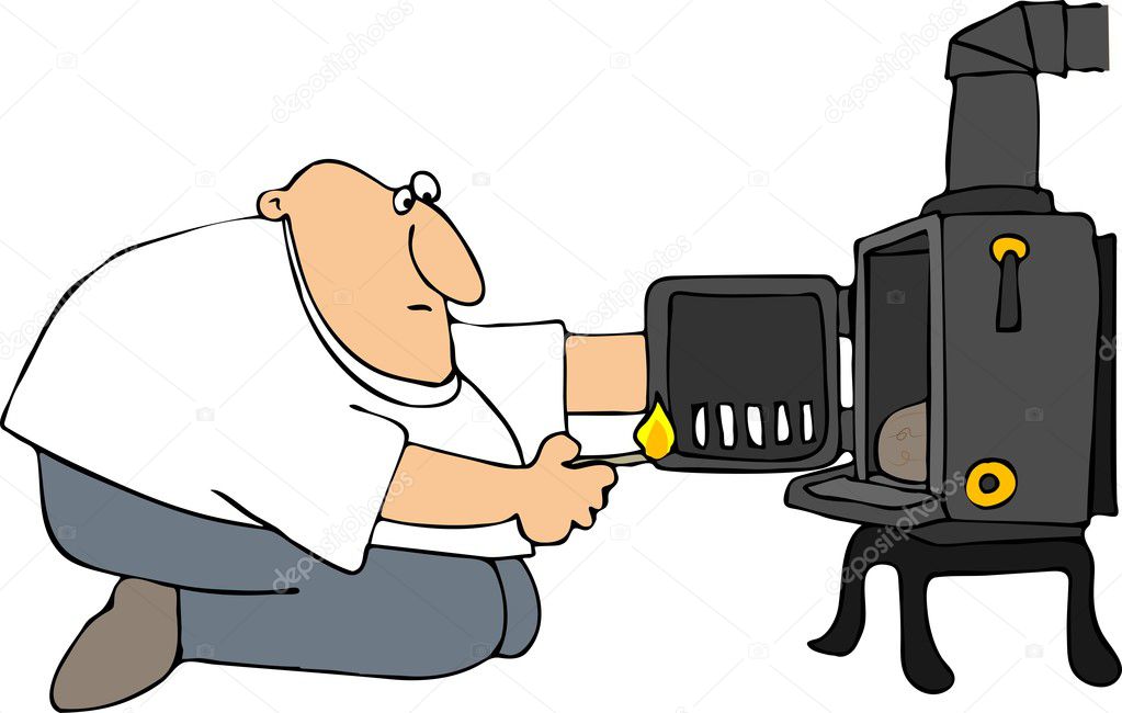 Man Lighting A Wood Stove — Stock Photo © caraman 9934876