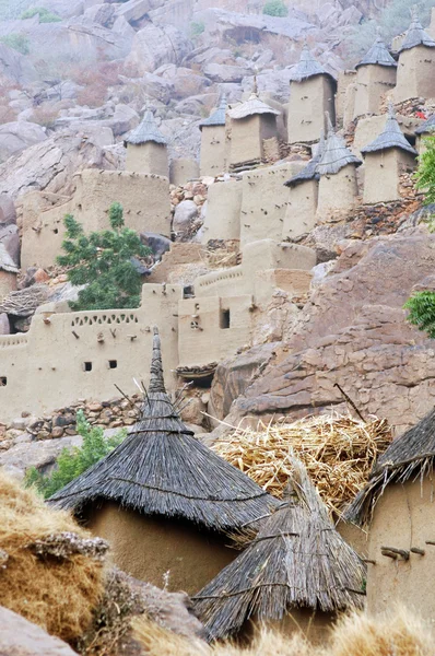 Dogon byn och spannmållager längs klippan ansikte — Stockfoto