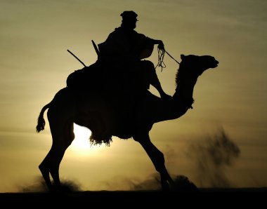Silhouette of Tuareg rider and camel rising clipart