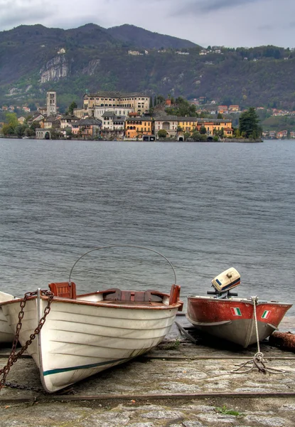 stock image Two boats on the shore of lake Orta