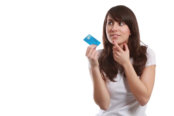 Izolované mladá dívka s kreditní kartou — Stock fotografie