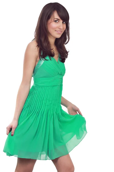 Model yeşil renkli bir elbise ile poz — Stok fotoğraf