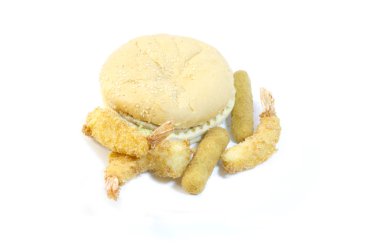 Burger with shrimps and cheese sticks clipart