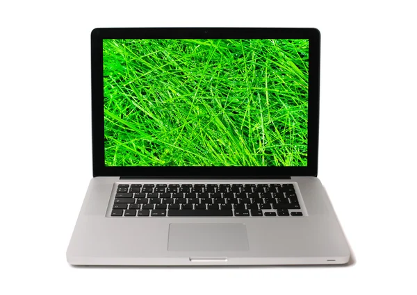Notebook s mokrou trávu na obrazovce — Stock fotografie